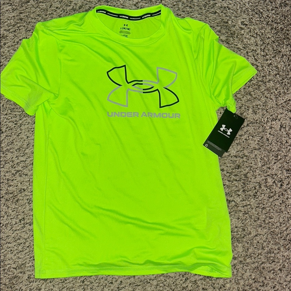 Under Armour boys L 14/16 Neon Green T-Shirt NWT for Swim or Athletics UPF 50